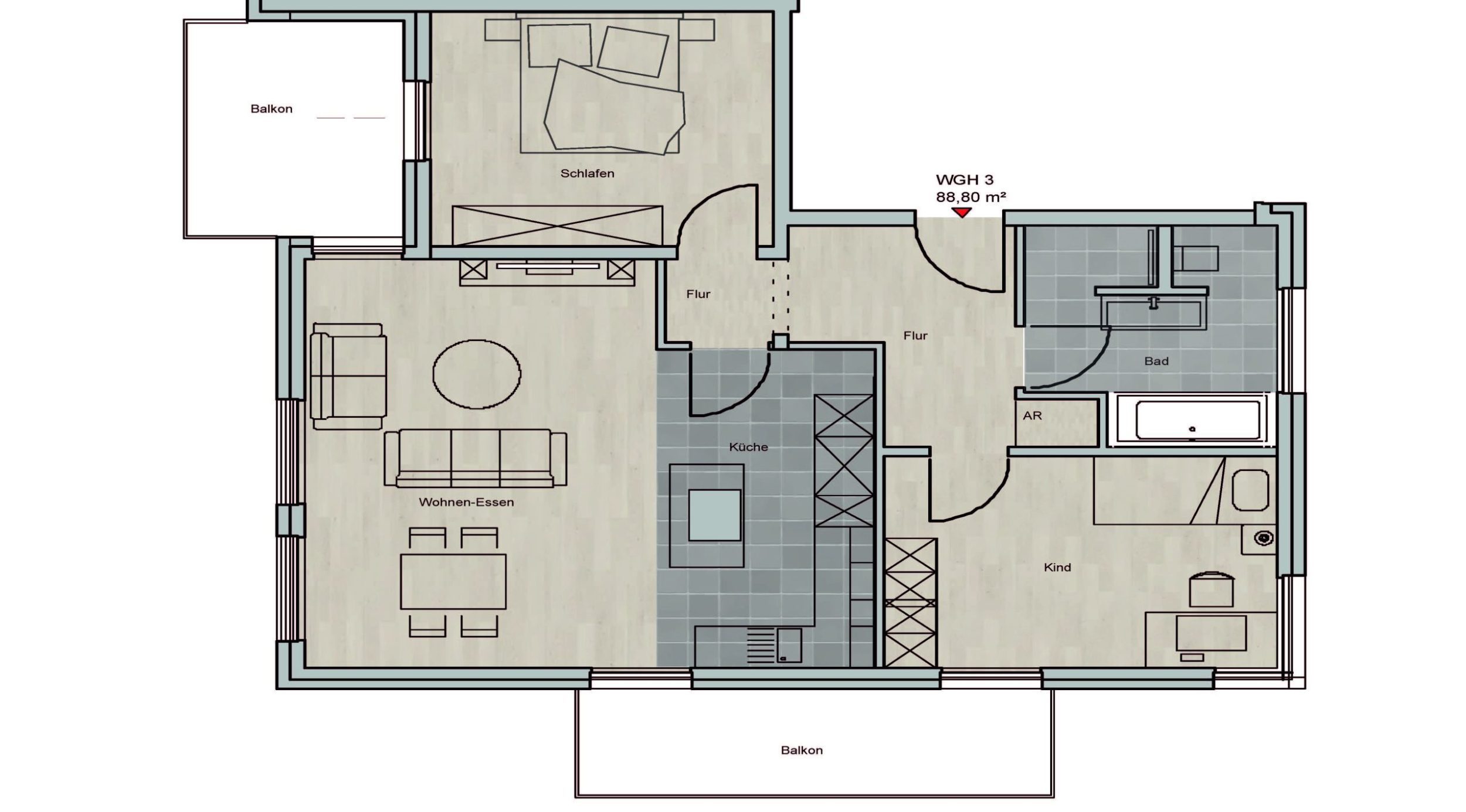3-Zimmer-Wohnung mit zwei Balkonen